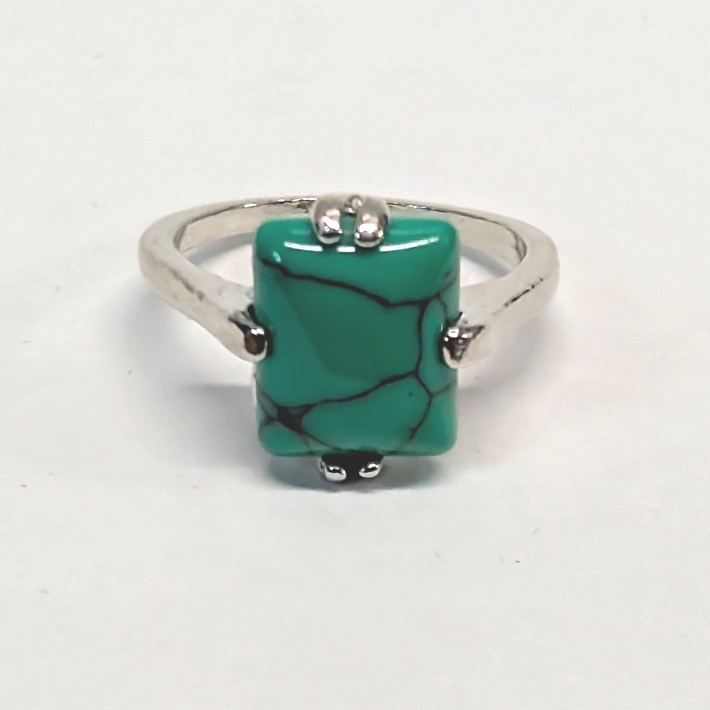 New Faux Turquoise Style‎ Ring Plus Size 9 Green Blue Silver Tone Rectangular